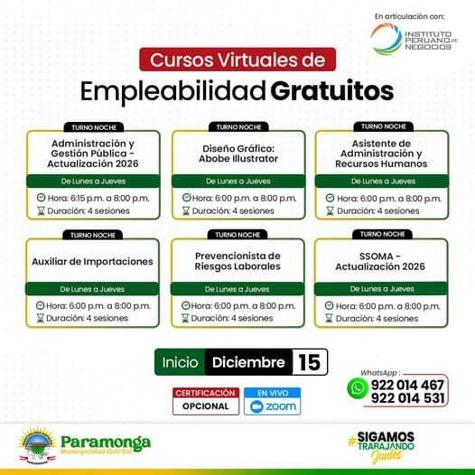 Municipalidad de Paramonga Lanza Cursos Virtuales Gratuitos de Empleabilidad para Todos
